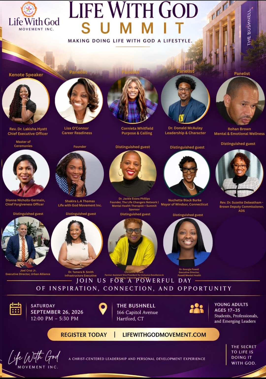 Life With God Summit 2026 event flyer — held Saturday, September 26, 2026 at The Bushnell in Hartford, CT. Lisa O'Connor of HR Pro Re Nata participated as a Career Readiness panelist.